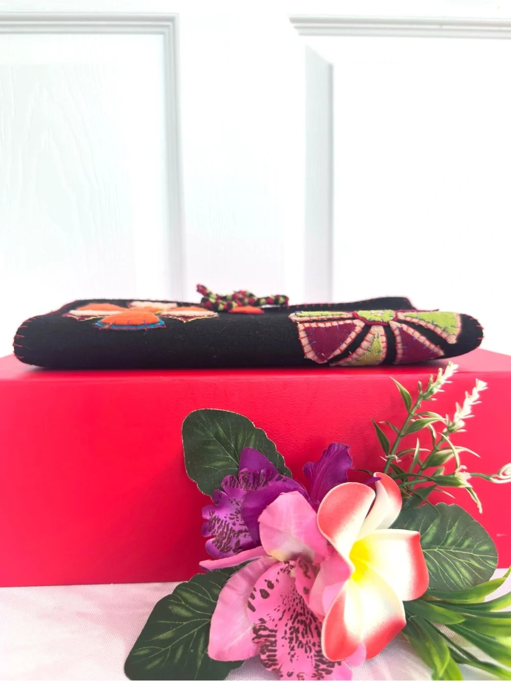 WALLET ~ Handcrafted Black Felt Floral Wallet w/Multicolor Appliqué Accents